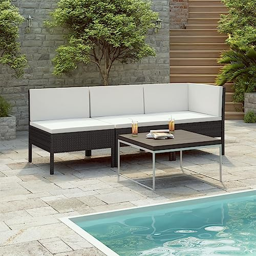 JHQHSM 3-TLG. Garten-Lounge-Set mit Auflagen Poly Rattan Schwarz, wetterfestes Outdoor-Möbel für Terrasse und Balkon, Bequeme Polsterauflagen, pflegeleichtes PE-Geflecht, Stabiler