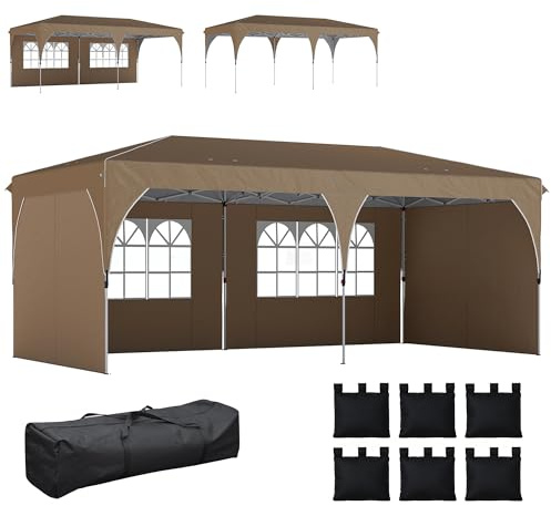 Outsunny Carpa Plegable 6x3 m, Pop-up, con 4 Laterales Extraíbles, Cenador de Jardín con Tiras Reflectantes, Altura Ajustable, Sistema Central de Bloqueo, UPF50+, Impermeable, Bolsa Transporte, Beige