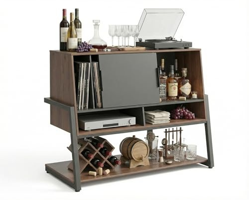 FITUEYES Design Mid Century Bar Cabinet with Sliding Door, Coffee Bar Cabinet with Wine Bottle Storage and Shelves, Modern Liquor Cabinet with Metal Frame for Living Room, Kitchen, Dining Room