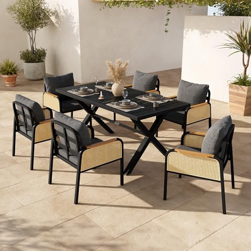 ECLIVON Conjunto de Jardin Exterior para 6 Personas, 7 Piezas,Negro+Natural | Juego de Muebles de Jardín para Terraza Patio, Set Muebles Jardin con 6 Sillones de Ratán y Mesa, Sillas con Cojines