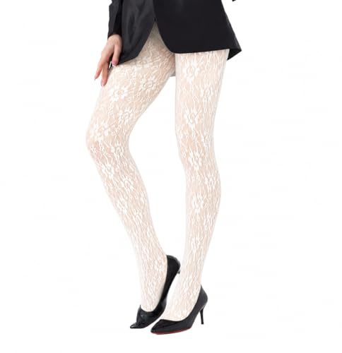 QM Collant Donna a Rete con Motivi Floreali in Pizzo, Bianco Crema,Morbidi ed Elastici, Alta Vita, per Feste e Night Club (1, 451935w)