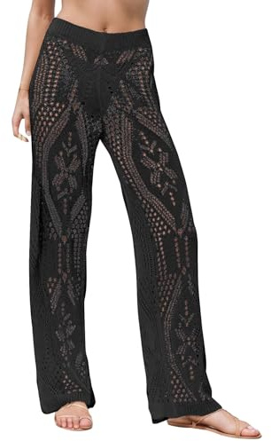 MaNMaNing Pantaloni Copricostume in Pizzo Traforato a Vita Alta Donna per Spiaggia Bikini Notte Sexy Trasparenti Comodi freschi Leggeri Estivi Eleganti audaci Nero, M