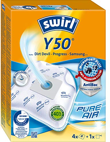 Swirl Y 50 EcoPor Staubsaugerbeutel (4 Beutel), reißfeste Staubbeutel für einige Dirt Devil, Grundig & Severin Staubsauger, 99,9% Filterung von Hausstaub & allergenem Feinstaub