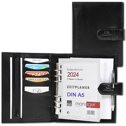 ALMADIH Leder A5 Terminplaner mit Ringmechanik Kalender 2026 Schreibblock Premium Rindsleder Schwarz Ledermappe Mappe Schreibmappe Organizer Terminkalender Systemplaner Ringbuchmappe (A5-Ter-S)