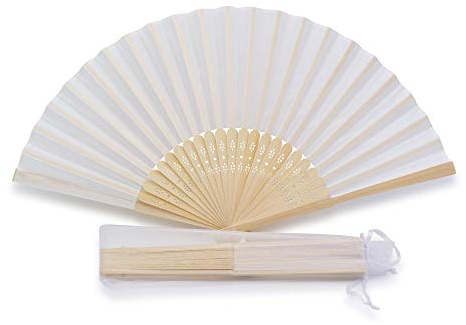 Olilly – Ventaglio in seta per matrimonio, bianco + bustina singola in organza, idea regalo per gli invitati, 50 pezzi bianco