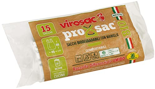 Virosac - Proxsac Bio - Sacchetti Per Rifiuti Biodegradabili 45x60 Con Bretelle, 15pz per rotolo, kit da 3 rotoli