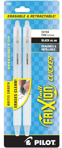 PILOT FriXion Ball Clicker Erasable Gel Ink Retractable Pen, Extra Fine Point, 0.5mm, White Barrel, Black Ink, 2 Pack