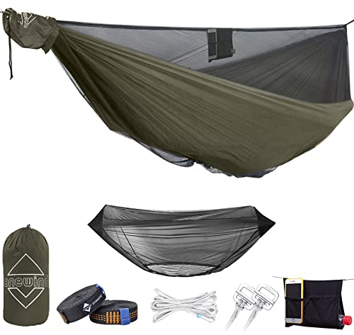 onewind 335cm Double Camping Hängematte Bug Net Bundle-Ridgeline, leichte Baumgurte, Ripstop Nylon Compact Strong-Holds 550lbs, ideal für das Überleben von Bushcraft, Adventure Explorer