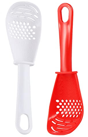BuxiuGK 2Pcs Multifunctional Cooking Spoon,Kitchen Slotted Spoon Heat Resistant for Egg White Separator, Mashing Grating Garlic,Stirring,Scooping and Mixing,Red+White