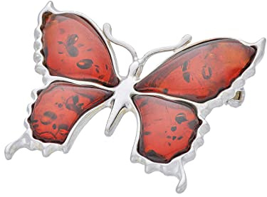 AMBEDORA Broche de Plata para Mujer Mariposa Grande con Ámbar, Plata de Ley Pulida, Ámbar Báltico Coñac, Set de Regalo