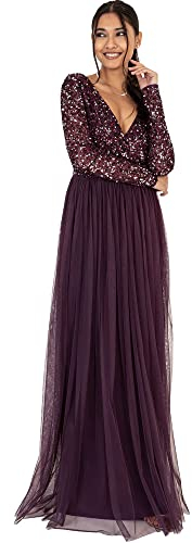 Maya Deluxe Damen Ladies Maxi Dress For Women With Long Sleeves V Neckline Plunging Sequin Embellished For Wedding Gue Kleid, Berry, 42 EU
