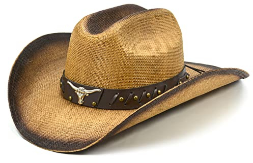 FLUFFY SENSE. Cowboy Hat for Women and Men - Straw Cattleman Crease Western Hats with Upgrade 4 inches Shapeable Wide Brim (Light Brown)