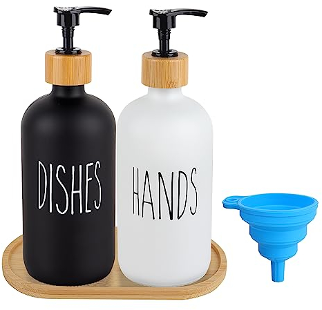 Hand and Dish Soap Dispenser Set 2Pcs Glass Liquid Soap Dispenser Bottles with Pump for Bathroom, Kitchen Sink, 16 oz (Black&White)