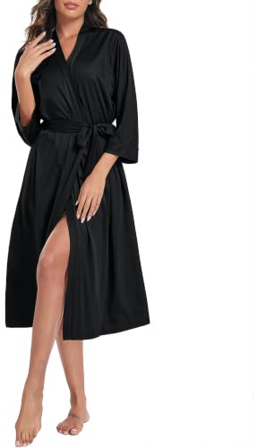 Lovasy Dressing Gowns for Women UK Long Women's Robe Soft Ladies Kimono Dressing Gowns Lightweight Knit Bath Robes for Women Loungewear Nightwear with Pocket for All Seasons,Black,S