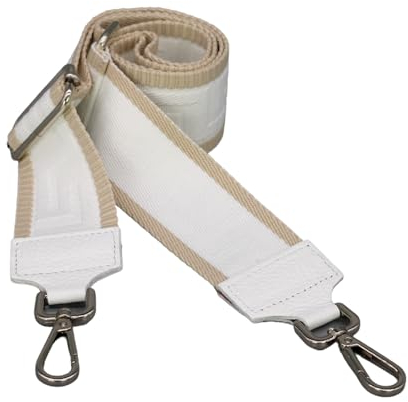 BRISE Taschengurt für Damen & Herren, 5cm Breiter Schultergurt, Verstellbarer 80-130 cm Taschenriemen aus Polyesterstoff und Leder, Stylischer Riemen mit 360 Drehbarer Kopf (Silber- Weiß)