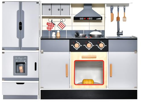 Maxmass Wooden Kids Kitchen, Children Role Play Toy Kitchen with 12 Accessories Independent Refrigerator, Ice Maker, Range Hood, Lights & Sounds, Toddler Pretend Kitchen Playset for Boys Girls