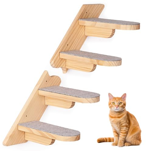 Wand Montierte Katze Kletterregal - Holz Vier Schritt Treppe Mit Plüsch Bedeckt - Möbel für Klettern, Schlafen und Spielen
