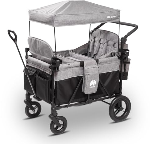 elvent® ComfortPlus 4 Sitzer Bollerwagen - Handwagen faltbar mit Dach I Feststellbremse, PU-Reifen, 5-Punkt-Gurt I für 4 Kinder (Grau) (Grau)