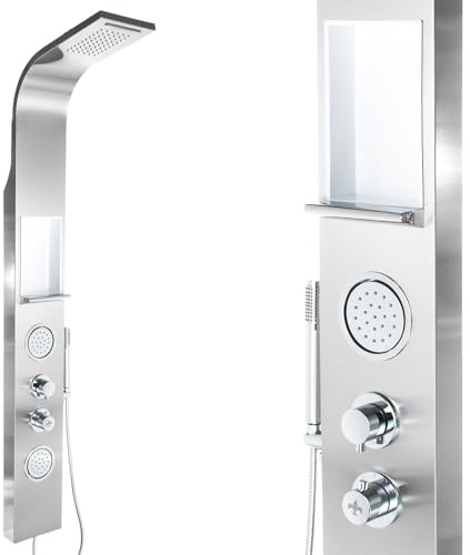 Steinkirch Duschpaneel SK-423 mit Thermostat Edelstahl Duscharmatur Regendusche Duschstange mit Duschkopfhalterung Regenduschkopf Dusche mit Körperdüsen Handbrause & integrierter Ablage Duschsystem