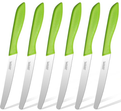 LAZAHAOME Klassische,Tafelmesser, Brötchenmesser, Scharfe Klinge, Rostfreier Stahl Wellenschliff, 23.2cm, Kunststoffgriff, Set 6teilig, Grün