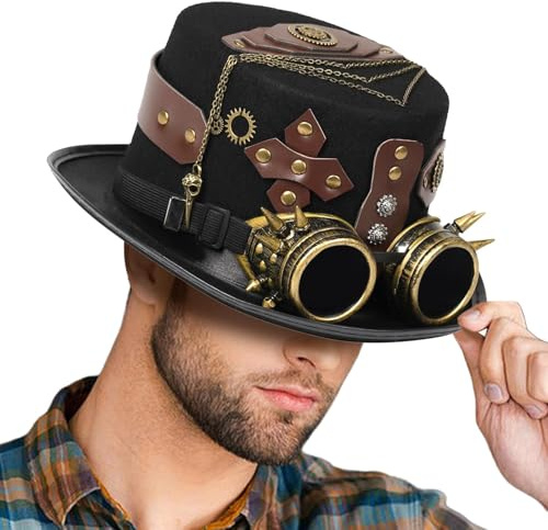 Cappelli Steampunk Gotici Da Uomo, Cappello A Cilindro Steampunk Gotico,Costume Copricapo Cappello Di Halloween Con Occhiali Rimovibili - Costume Da Uomo, Accessori Per Vestire Steampunk Per Uomini Ad