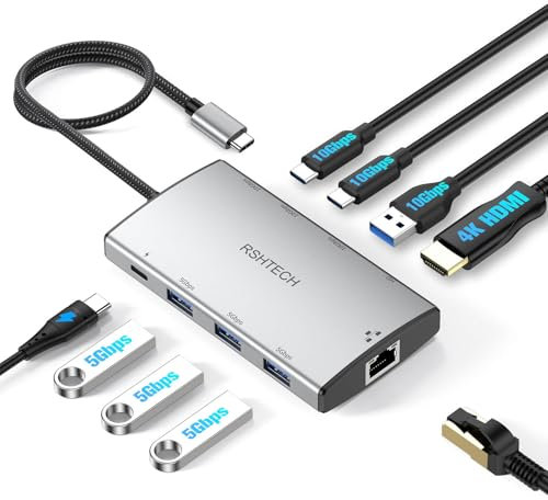 RSHTECH Hub USB-C 10Gbps, Adattatore Multiporta USB C 9 in 1 con Adattatore Ethernet 1Gbps, HDMI 4K, 3 Porte USB3.2, 3 Porte USB3.0 e 100W PD, Dock USBC per Laptop Porta Type-C/Thunderbolt, RSH-T09
