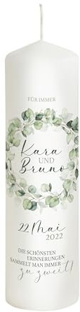 Scheinvoll® Hochzeitskerze Eukalyptus Greenery Circle mit Namen, Datum und Spruch - Modell Kara - Wunderschöne Brautkerze personalisiert (25 x 8 cm)