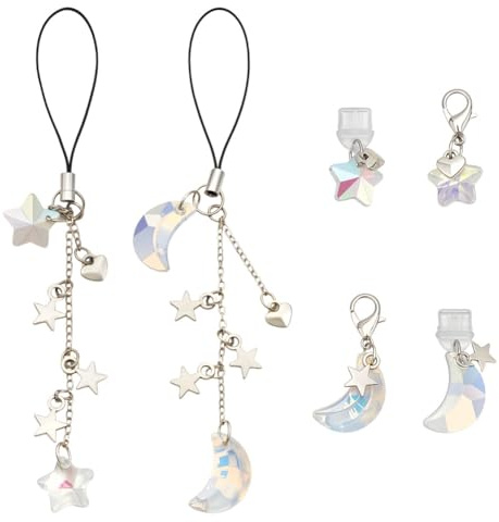 MAYJOYDIY 6Pcs Cute Aesthetic Moon Star Phone Charms, 0.9-5.4 inch Plastic Mobile Dustproof Plugs with Pendants for Cell Phone Bracelet Strap Charms String Bag Keychain Camera Pendants