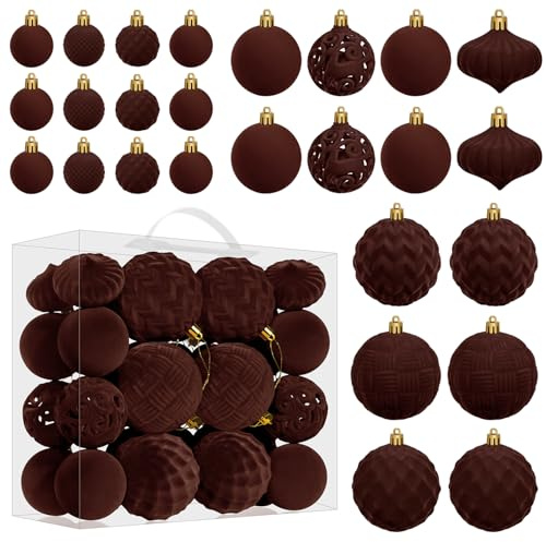 Miaikoe Samt Weihnachtskugel Ornamente Set - 46pcs zerstörungsdicht Plastik Flocked Weihnachtsbaum Kugeln Verschiedene Größen für Weihnachtsfeiertag Dekoration (braun)