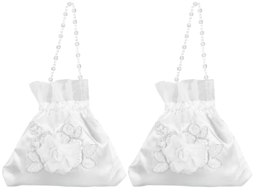 craspire 2Pcs Sac d’argent de mariée blanc Sac à main de mariée Satin de soie 3D Fleur Floral Dentelle Décoré Cordon de serrage Sac à main Pochettes Sac avec Chaîne de perles en plastique