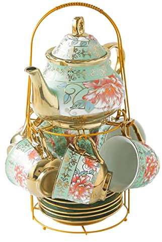 SZLIFE Servizio da tè in Ceramica con teiera, Tazze, piattino, Vintage, per 6 Persone, Decorazione Delicata, Verde