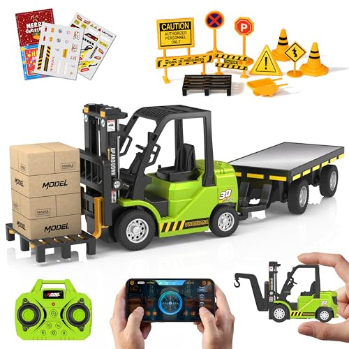 VWAHNANA Mini RC Forklift Toy, 3 in 1 Remote Control Forklift Trailer, 10 Channel Mini Forklift Remote Control with Liftable Fork & Hook, 1/64 Desktop RC Construction Vehicles for Adults Kids Boy Gift