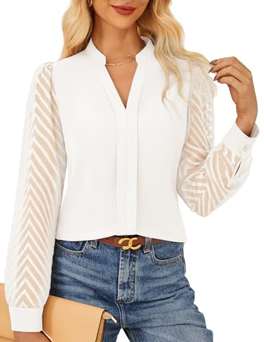 GRACE KARIN Lace Blouses for Women Semi-Sheer Lace Long Sleeve Tops Business Office Work Shirts White S