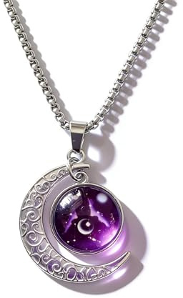 CJFENGD Men's 12 Zodiac Moon Galaxy Pendant Necklace,22.8 Inch Stainless Steel Chain, 1.13 Inch Aries/Pisces Celestial Crescent Moon Star Sign Charm Jewelry (Gemini（5.21-6.21）)