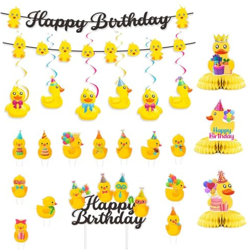 GTYHH 1 Juego De Decoración con Pequeños Temas De Patos Amarillos, Incluidos Carteles Y Banderas, Decoraciones para Fiestas De Cumpleaños, Adecuadas para Escenas De Fiestas Infantiles.