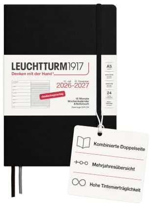 LEUCHTTURM1917 Veckokalender 2027 A5 med anteckningsbok, linjerad – mötesplanerare tyska, 18 månader juli 2026 – december 2027, svart, inbunden 210 x 145 mm, veckoöversikt vänster + anteckningssida