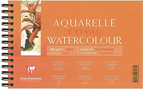 Clairefontaine 96062C Malblock, mit Doppelspirale Aquarellpapier Feinkörnig, Etival/Zellulose, 12 x 18 cm, 12 Blatt, 300 g, weiß
