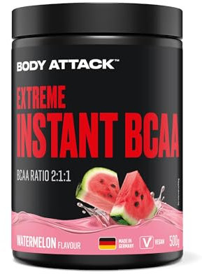 Body attack Extreme Instant BCAA - 500 g - Watermelon - Made in Germany - Gut lösliches, veganes BCAA Pulver im Verhältnis 2:1:1 - Zuckerfreie Aminosäuren für intensives Training - Mit L-Leucin