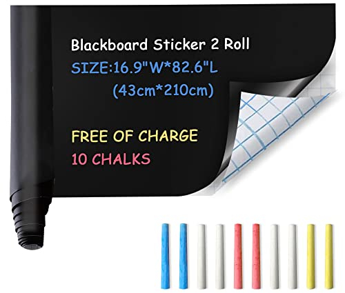 Ezigoo Tafelfolie Selbstklebend 43 x 210 cm 2 Stück, mit 10 Stück Bunte Kreide, Kreidefolie abwischbar, Selbstklebende Tafelfolie, Kreidetafel, Tafel Kinder Wand