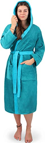 normani Damen Frottee Baumwoll Bademantel - Saunamantel - zweifarbig mit Kapuze (Gr. XS - 4XL) Farbe Petrol/Türkis Größe 4XL