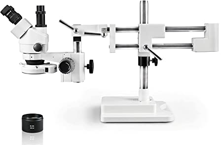 Parco Scientific PA-5FLX-IFR07 Trinocular Lockable Zoom Stereo Microscope | 10x Eyepiece, 0.7X—4.5X Zoom Range, 3.5x-45x Magnification Range, 0.5 Aux Lens | Double Boom Stand | 144-LED Ring Light