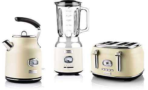 Westinghouse Retroline Frühstück-Set Weiß, Toaster, Standmixer & Wasserkocher, 1.7 Liter, Kalkfilter & Überhitzungsschutz, Vier Schlitz Toaster mit Brötchenaufsatz, Standmixer 3 Geschwindigkeiten