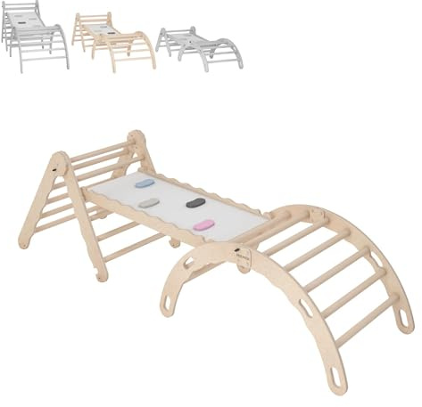 MAMOI® Set : Triangle, Arche Escalade et Toboggan, Structure motricité intérieure, Mur d'escalade et Toboggan en Bois, Motricité
