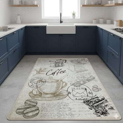 miqna Matta, modern köksmatta, gel, löpare, kökslöpare, grå, vit, svart med halkfritt golvmönster med bokstäver kaffe, Macchiato (Core, 120 x 180 cm)