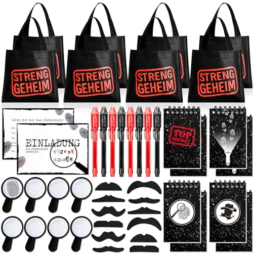 Tacobear Detektiv Kindergeburtstag Mitgebsel Set mit Geschenktüten UV Stift Notizbuch Lupen Einladungskarten Schnurrbart Partytüten Gastgeschenke Geburtstag Give Aways für Kinder Jungen