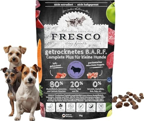 Fresco Barf sec Complete Plus Agneau | 1 kg | Barf sec pour petits chiens | Composé de viande musculaire pure, d'abats et d'os de calcium d'agneau ainsi que de fruits, de légumes et d'huile