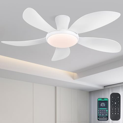 122 cm Ventiladores de techo bajo con luces y control remoto/APP, Ventilador Blanco con motor DC reversible silencioso, 3 colores dimmables y 6 velocidades, Modelo moderno empotrado para dormitorio