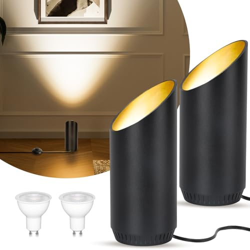 HUAEU Faretto LED da Terra – Lampada da Terra 6W per Interni, Nero, 3000K Bianco Caldo, Con Lampadina LED GU10 500LM, Faretto con Interruttore a Pedale (nero, 2 confezioni)