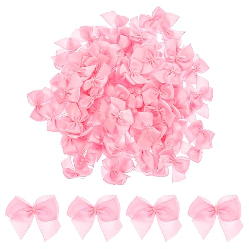 HJZHII 100 stycken satinrosetter, 3 x 2 cm små satinband, bågar för gör-det-själv hantverk, blommor, applikationer, bröllop, spridd dekoration och dekorationsprojekt (rosa)