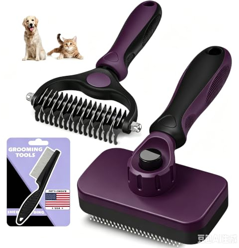 Professional 3PCS Self Cleaning Slicker Brush & Pet Grooming Rake & Flea Comb for Dogs, Cats and Horses | Pet Supplies (Mulberry)